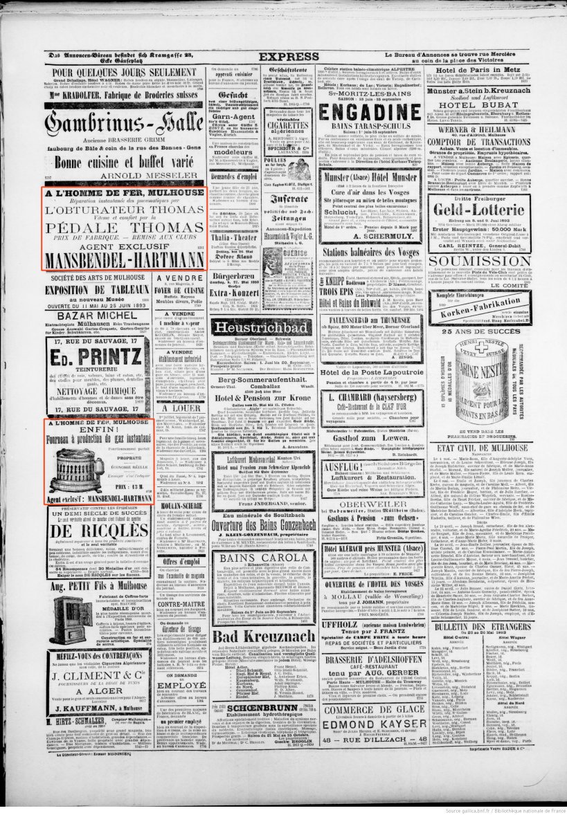 Journal L'Express de Mulhouse du 26 mai 1893 (p.4) : fourneau à production de gaz instantané.